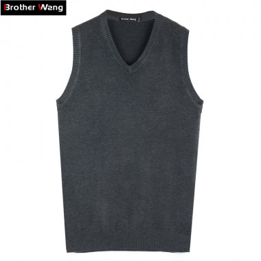 Brother Wang Brand Autumn Winter Men's Knitted Vest Sweater Business Casual Classic 100%cotton V-neck Solid Color pullover men