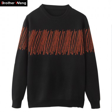 Brother Wang 2017 Autumn New Men Casual Sweater Fashion Geometric Figure Men 's Slim Round Neck Knitting Black