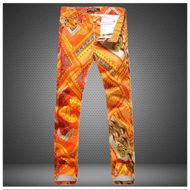2018 fashion brand Hip hop men's casual Straight trousers Paint pop slim sexy slim Printed Nightclubs flower men orange Pants