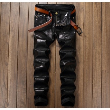 European Nightclub style 2018 Mens pants Straight luxury brand zipper fashion pu trousers zipper slim black print pants for men