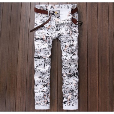 European American style Men's pants Straight luxury brand trousers Painted cotton white pattern Skinny Pencil Pants for men