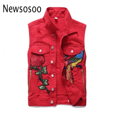 summer style fashion brand Men's denim vest slim Outerwear mens denim Coats jackets casual luxury mens red Sleeveless vest