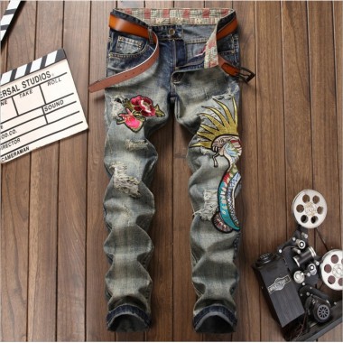 2018 Brand Designer Mens Embroidery Jeans with Flower and Snake Fashion Male Ripped Hole Jeans Casual Long Pants Denim Jeans