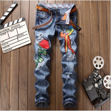 High Quality Wash Water Holes Beggar Style Jeans Men Roses Peacock  Embroidery Jeans Mens Pop Fashion Straight jeans Trousers