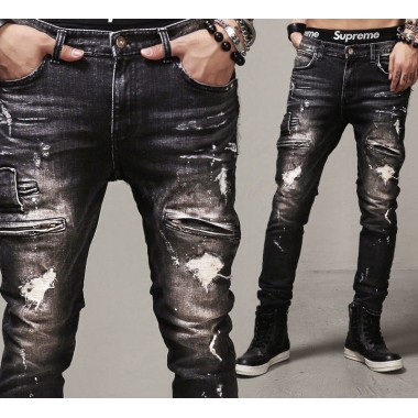European American Style 2018 fashion brand black mens jeans luxury Men's casual denim trousers Hole Slim Straight jeans for men