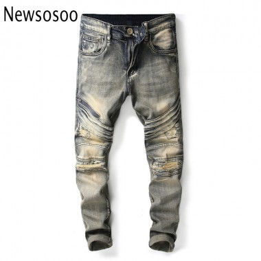 European American Style Men's slim jeans mens denim trousers Straight vintage fashion brand grey hole zipper jeans for men