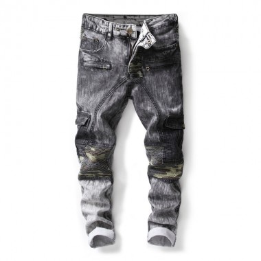 European American style Men's casual jeans Pants luxury Pleated Camouflage patchwork Straight grey casual zipper jeans for men