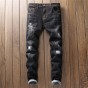 European American Style Cross pattern Wash Patch Beggar Spliced Jeans straight stripe black Jeans Mens Straight jeans Trousers
