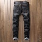 European American Style Cross pattern Wash Patch Beggar Spliced Jeans straight stripe black Jeans Mens Straight jeans Trousers