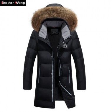 Brother Wang Brand 2017 Winter New Men's Fashion Warm Long Down Jacket Hooded Fur Collar White Duck Down Coat Plus Size 5XL 6XL