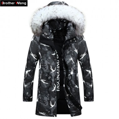 2017 new winter jacket Men's fashion camouflage pattern Long Jacket Thickening casual hooded fur collar white duck down coats