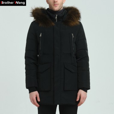 Brother Wang Brand 2017 Winter New Men's Hooded Warm Down Jacket Fashion Casual Thickening White Duck Down Long Coat Male