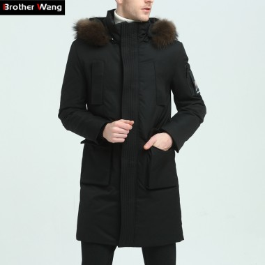 Brother Wang Brand 2017 Winter New Men's Long Down Jacket Tmall High Quality White Duck Down Fashion Thicker Warm Hooded Coat