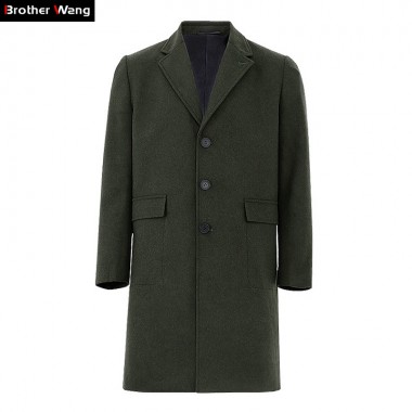 Brother Wang Brand 2017 Autumn Winter New Men Slim Long Woolen Jacket Fashion Casual Business ArmyGreen Overcoat Coat Male