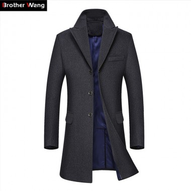 Brother Wang Brand 2017 Autumn Winter New Men's Long Trench Coat Fashion Business Casual Wool Slim Woolen Coat Jacket Male