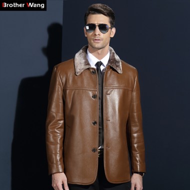 2017 Winter New Men's Long Leather Jacket Business Casual Fur Collar Warm Faux Leather Coat Male Brand Clothes