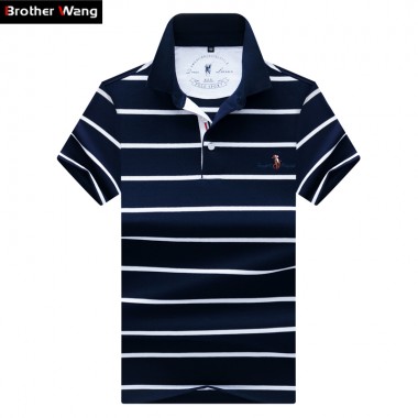 Brother Wang Brands 2018 Summer New Men's 3D Horse Embroidery POLO Shirt Business Casual Striped Short Sleeve Blouse Tops Male