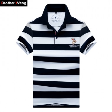 Brother Wang Brand POLO Shirt Men 2018 New Summer Business Fashion Casual 3D Embroidery Short-sleeved Striped Polo Blouse Tops
