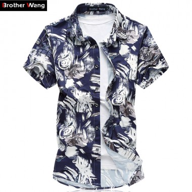 2017 Large Size Men's Shirt  Summer Thin Stretch Casual Printing Shirt Brand Male Mercerized Cotton Slim Fit Shirt  6XL 7XL