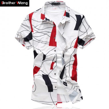 Brother Wang Summer Men's Casual Shirt Fashion Geometric Printing Slim Stretch Shirt Brand Business Leisure Large Size Clothing