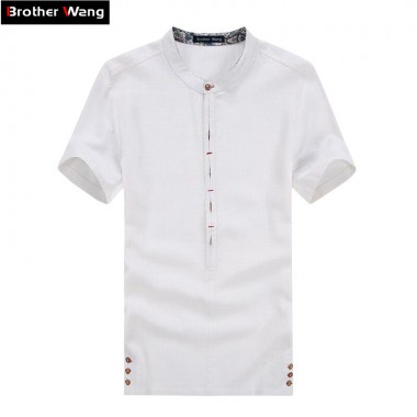 Chinese Style Linen Shirt 2017 Summer New Men's Casual Collar Short-sleeved Shirt Solid Color Male Brand White Shirt 4XL 5XL