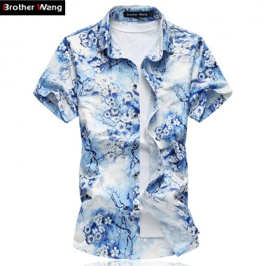 2017 New Shirt Summer Fashion Men Print Short Sleeve Shirt Large Size Elasticity Casual Business Brand Shirt Male 6XL 7XL
