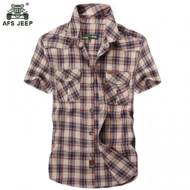 Free shipping Men Brand Cotton Plaid  High Quality Summer 2017  Fashion Casual Short Sleeve Army Double Pockets Shirts 58hfx