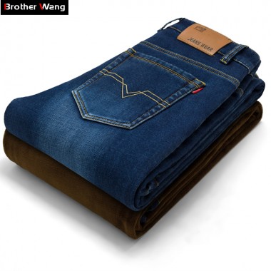 Brother Wang New winter male Brand jeans Fashion Slim warm denim trousers thickening Business casual  jeans men 40 42