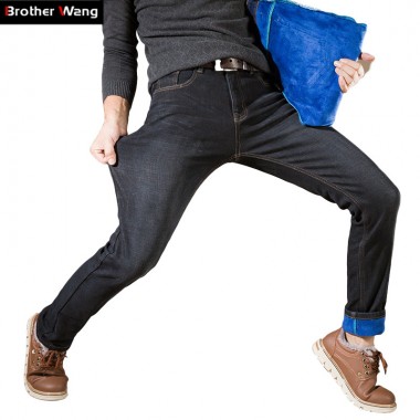 Brother Wang Brand 2018 Winter New Warm Jeans  Men Fashion Slim Stretch Trousers Jeans Thick Fleece Casual Pants Plus Size 40 42