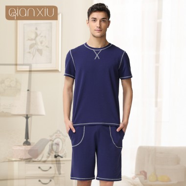 Qianxiu Cotton Pajama Sets For Men Knitted Short Sleeve Lounge Wear Casual Homewear