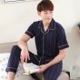 Sujisi men grid pajamas short sleeve trousers large size pure cotton man sleepwear button fashion splicing lapel pyjamas male