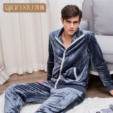 QIANXIU men flannel thicken pajamas stand collar Cardigan male sleepwear solid color Elastic cuffs pyjamas men winter nightdres