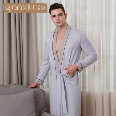 Qianxiu 2018 bathrobe for man pure cotton large size robe male splicing v-collar cardigan bathrobes men solid color casual robe