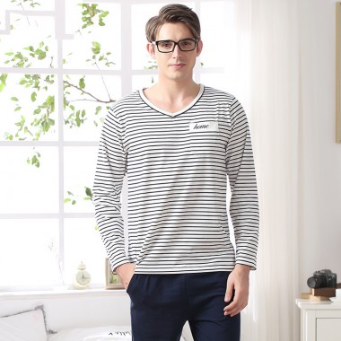 Mens pajamas European and American style couples striped long-sleeved  knitted cotton male big code home wear men sleepwear