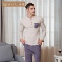 Qianxiu mens spring pajamas round collar long sleeve color matching pajamas for man pure cotton comfort casual male pyjamas 2018