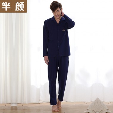 2018 Brand men's knitted long sleeve pajamas cotton pajamas pocket spring letters design 100% cotton pajamas man navy blue