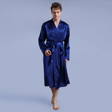 2018 autumn sexy Robe Male rayon Bathrobe for Men's Night Sleepwear Kimono Long Designer Long Sleeve Belt Pockets nightshirts