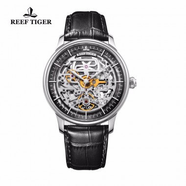 Reef Tiger/RT Designer Skeleton Mens Watch Steel Case Calfskin Leather Automatic Wrist Watch RGA1975
