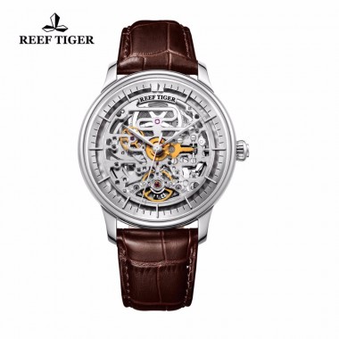 Reef Tiger/RT Designer Skeleton Mens Watch Steel Case Calfskin Leather Automatic Wrist Watch RGA1975