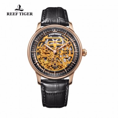 Reef Tiger/RT Designer Skeleton Watches for Men Rose Gold Calfskin Leather Strap Automatic Watch RGA1975