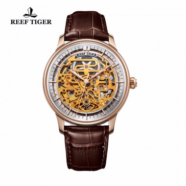 Reef Tiger/RT Skeleton Automatic Watch Rose Gold Leather Strap Wrist Watch for Men RGA1975
