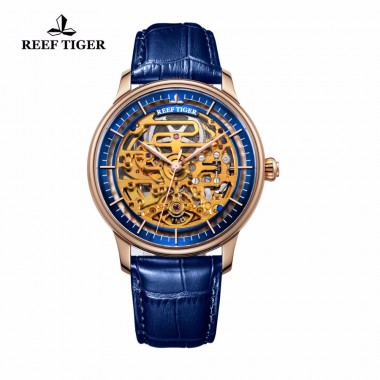 Reef Tiger/RT Unique and Designer Skeleton Watch Automatic Calfskin Leather Rose Gold Watches For Men RGA1975