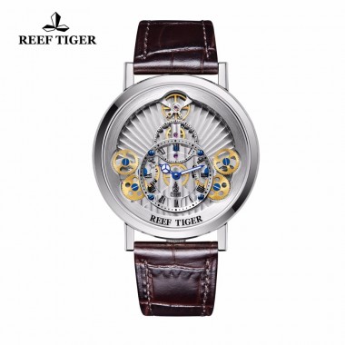 2018 Reef Tiger/RT Designer Skeleton Watches for Men Gear Wheel   Quartz Watches Leather Band RGA1958