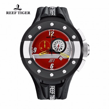 Reef Tiger/RT Mens Chronograph and Sport Watches Red Dashboard Dial Quartz Watch with Date Steel Rubber Stop Watch RGA3027