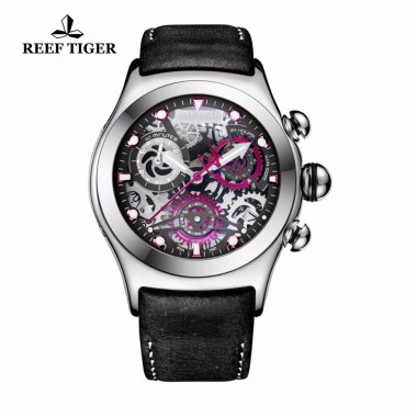 Reef Tiger/RT Men's Sport Watches with Skeleton Dial Date Three Counters Steel Chronograph Quartz Watch RGA792