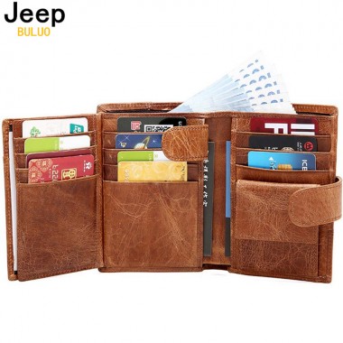 Jeep Brand Genuine Cow Leather Men Wallet Fashion Coin Pocket Trifold Design Men Purse High Quality Women Card ID Holder 8230