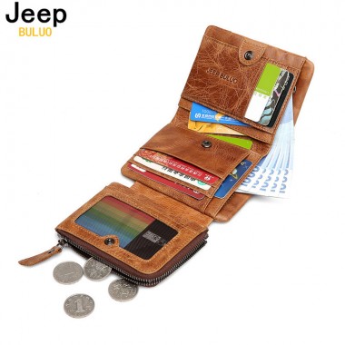 Man's Wallet JEEP BULUO New Genuine Leather RFID Blocking Fold Wallets For Men Cow Leather Short Purse Bifold Wallet Vintage