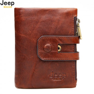 JEEP BULUO Men Genuine Leather Wallets Vintage Oil Wax Cow Leather Brown Purse Wallet Bifold Credit Card Holders RFID Blocking