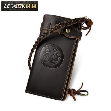 Cattle male crazy horse leather Fashion Card Case Design Chain Long Organizer Wallet Purse For Men 3377d