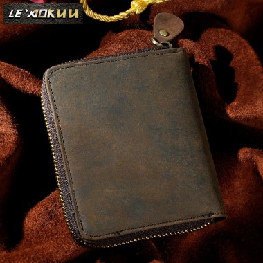 Crazy horse leather male short Designer Business Card Case Holder Casual zipper around wallet handmade Fashion Men Purse 1007-2